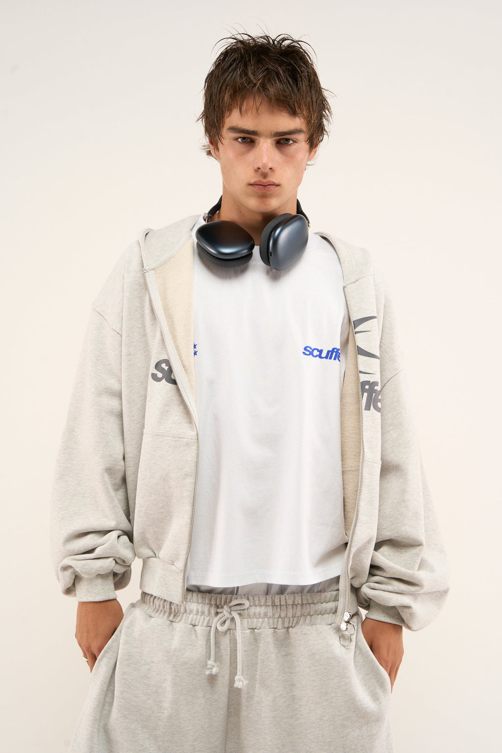 Logo Grey Melange Zipped Hoodie