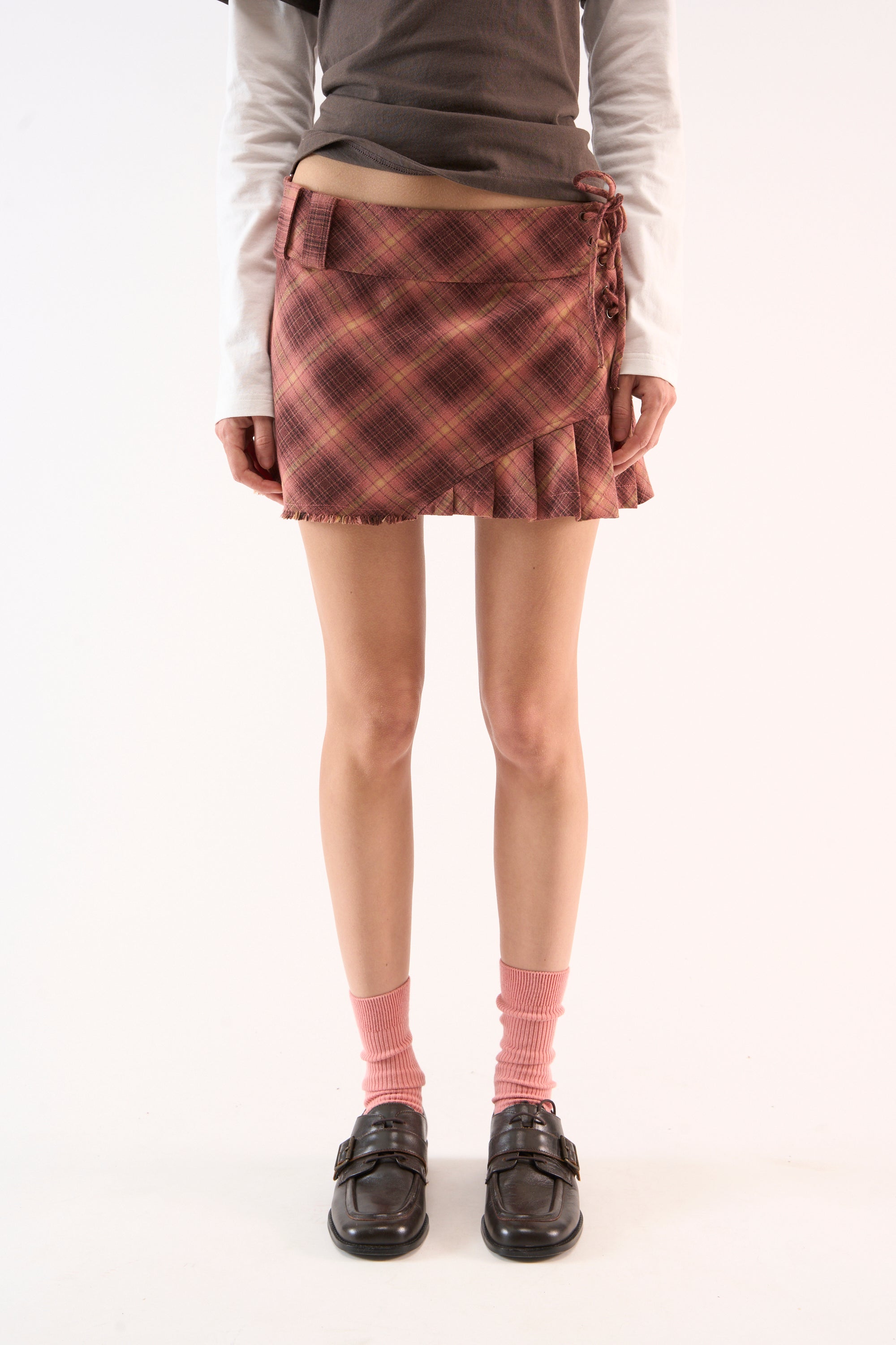 Pleat Burgundy Checkered Skirt